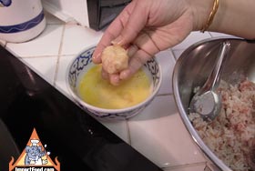 Fried Sticky Rice, 'Kao Neeo Tod' - Dipping balls into beaten egg