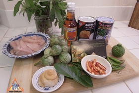 Green Curry with Fresh Chile, Chicken, Eggplant & Kaffir Lime, 'Gaeng Khiao Wan Gai' - Ingredients ready