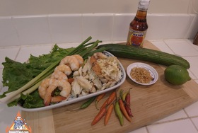 Rice with Salty Chili Sauce & Seafood, 'Khao Kruk Prik Klua' - Ingredients ready