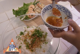Rice with Salty Chili Sauce & Seafood, 'Khao Kruk Prik Klua' - Mix well, then add chile sauce