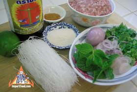 Larb with Glass Noodle & Minced Pork, 'Larb Woonsen Moo Sap' - Ingredients assembled