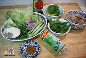Larb Woonsen in Spring Roll Wrapper - Ingredients ready