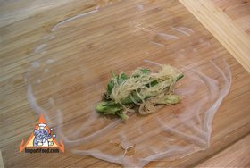 Larb Woonsen in Spring Roll Wrapper - Set wrapper down and larb on top