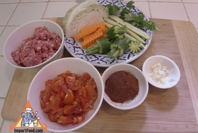 Spicy Pork and Tomato Dip with Veggies, 'Nam Prik Ong' - Ingredients ready