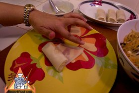 Thai Fried Spring Rolls, 'Poh Pia Tod' - Roll up, and wet top with flour paste