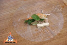 Thai Fresh Spring Rolls, 'Pa Pia Sod' - Set ingredients on rice paper