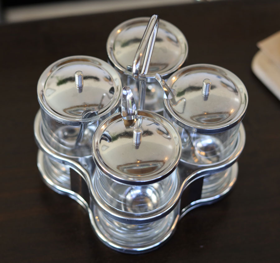Thai condiment caddy, stainless, 4 glasses - ImportFood