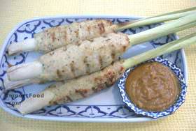 Recipe BBQ Ground Thai Chicken on Lemongrass Spears with Peanut Sauce