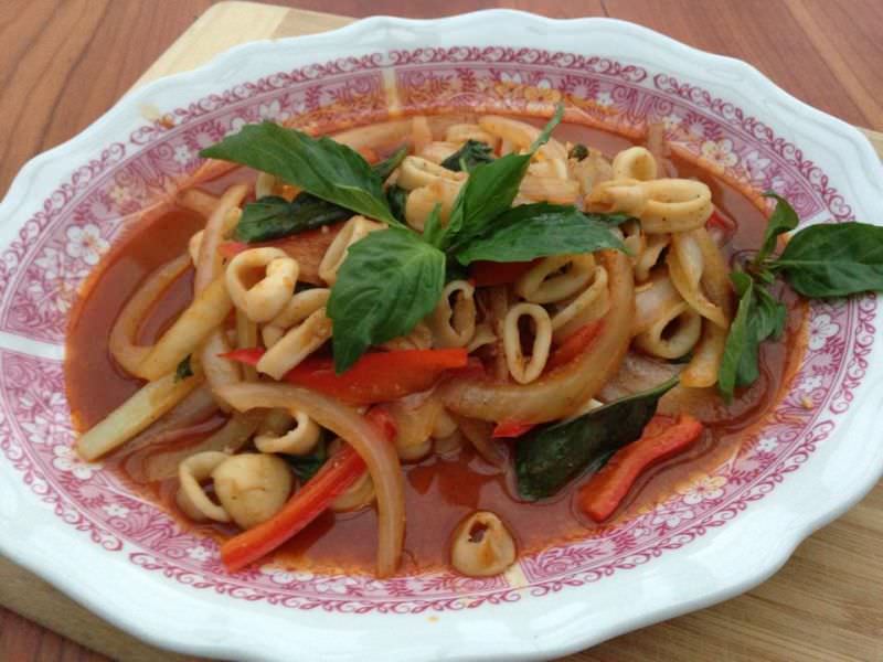 Stir-Fried Squid in Chile, 'Plamuk Pad Namprik Pao'