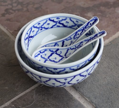 Handpainted Thai Ceramic, Set of Two Bowls with Spoons