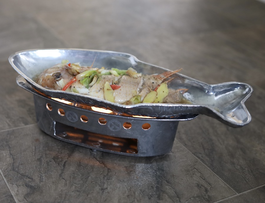 Thai fish platter w/ keep-warm base, aluminum, 16