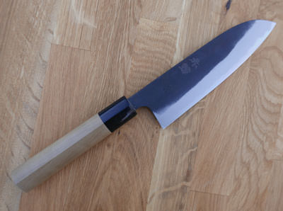 Hand Crafted Santoku Knife, Stingray Tip, Blue Steel, Magnolia Handle, Sakai Japan, 12.5
